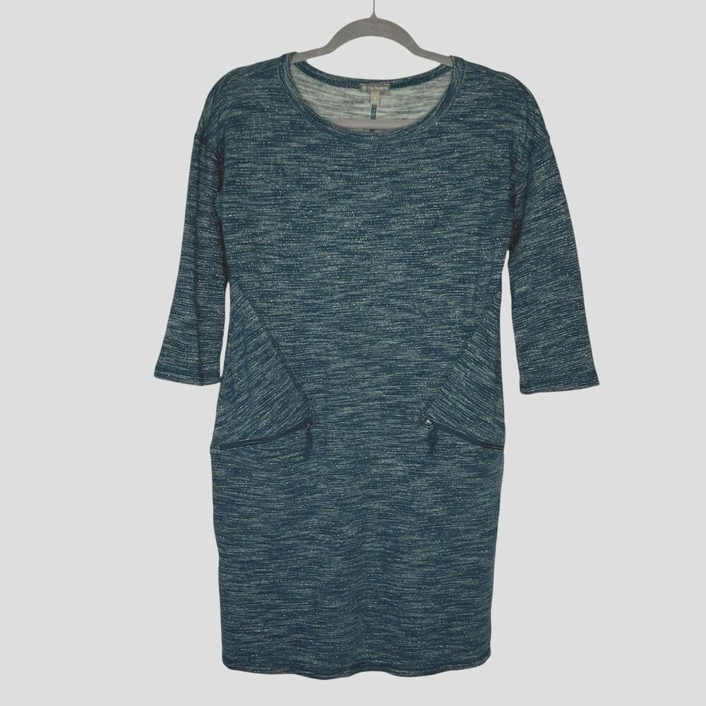 T by Talbots Knit Dress Tunic Size P Teal Gray Silver Sparkle 3/4 Sleeve Pockets